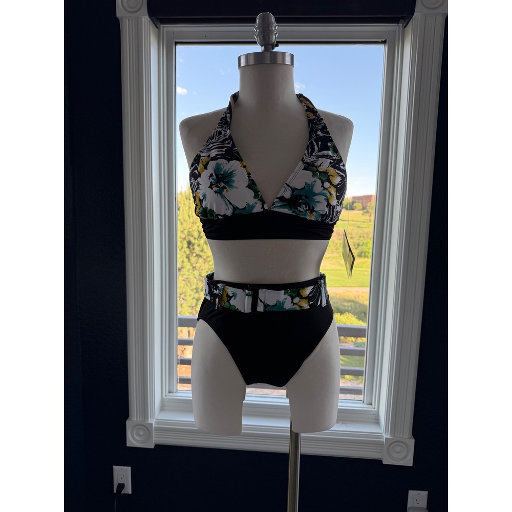 Newport News Swim Womens Floral Halter Bikini Set Belted High Waist Black 10 NEW - Picture 2 of 11